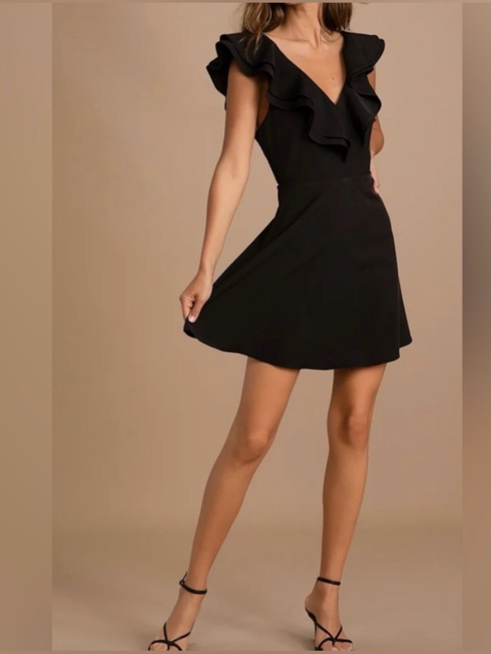 Lulu's Black Ruffle V-Neck Fit-and-Flare Mini Dress